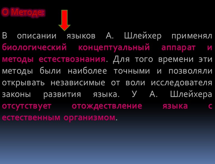 О Методе: В описании языков А. Шлейхер применял биологический концептуальный аппарат и методы естествознания.